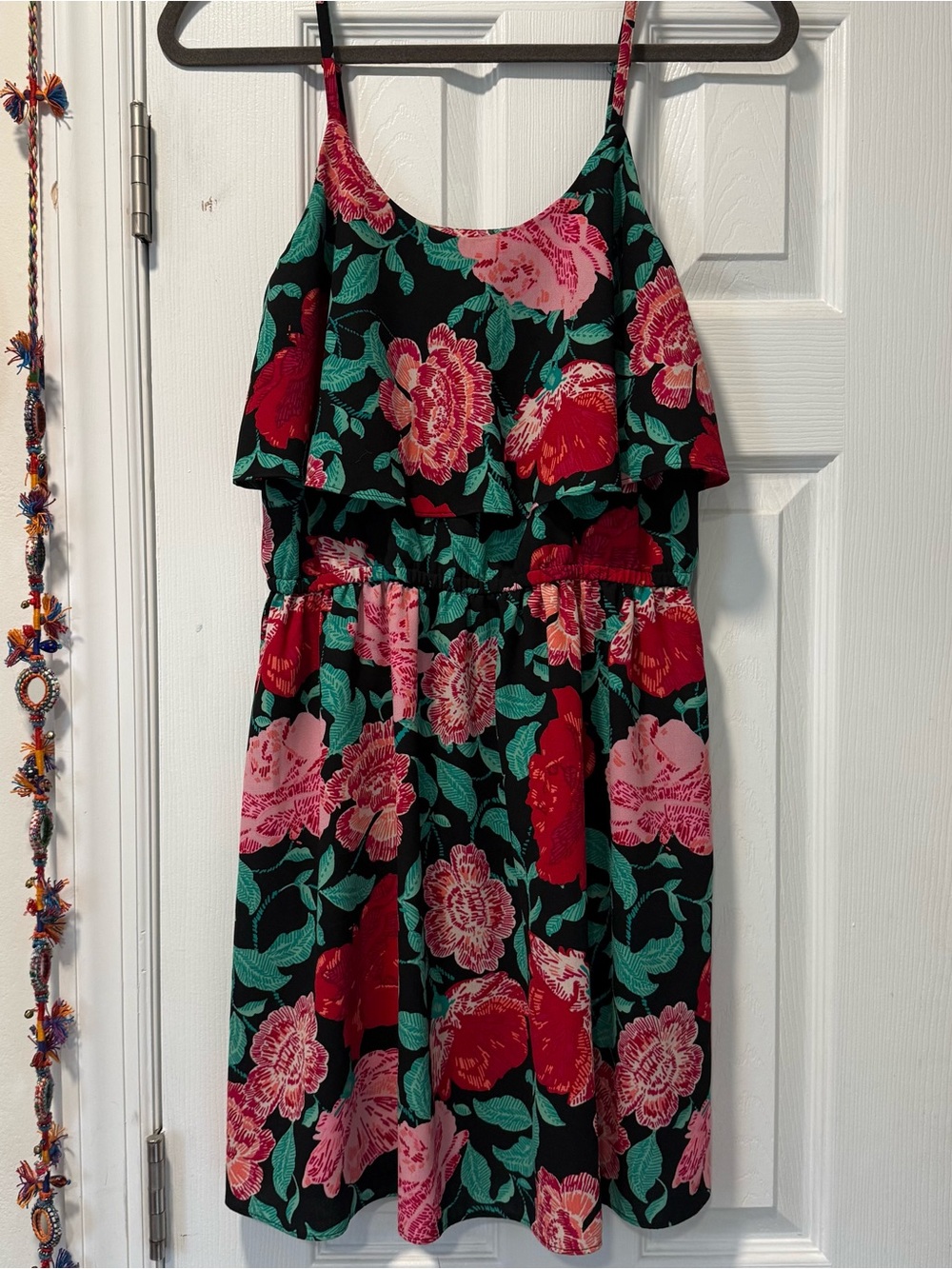 Black Floral Sundress with Pink & Red Blooms
